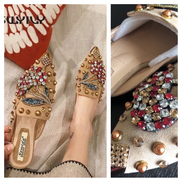 Cherry Rhinestone Khaki Metal Pointed Closed Toe Loafers - Picture 5 of 17